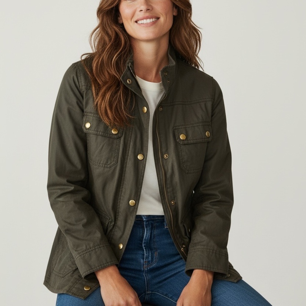 J. Crew Womens Downtown Field Jacket Classic Waxed Cotton Med Khaki Green Dark